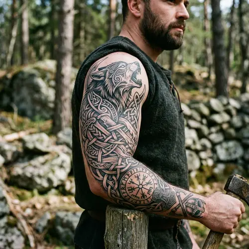 Nordic Warrior Sleeve Tattoo - Wolf & Knot Design