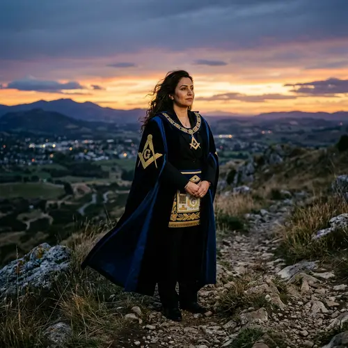 Middle-Eastern Female Freemason at Dusk: Symbols of Anticipation