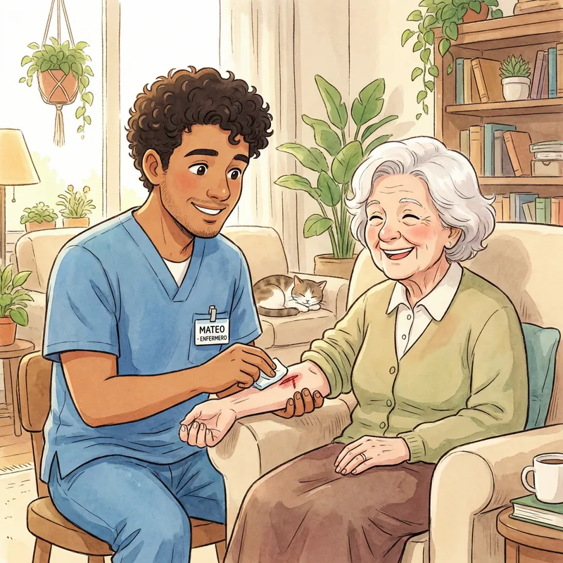 Nurse Treating Wound on Elderly Cartoon Character