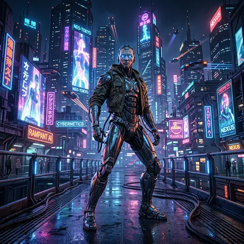 Futuristic Neon-Lit Cyberpunk Cityscape with Glowing Cyborg