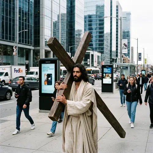 2024 Vision of Jesus Carrying the Cross in Modern Cityscape