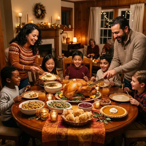 Tranquil Thanksgiving Scene with Feast and Diverse Family Gathering