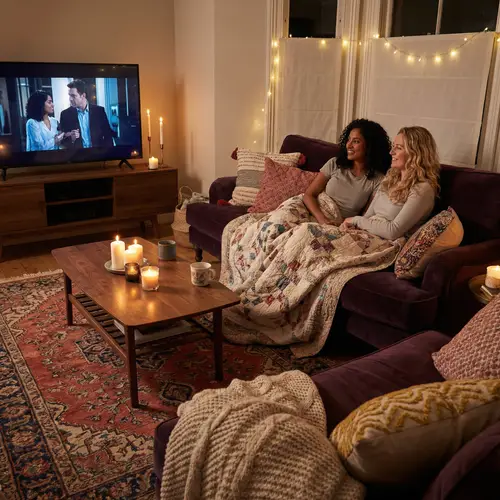 Cozy Multicultural Movie Night Scene | Perfect Blend on Plush Couch