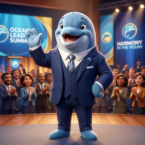 Cheerful Adult Dolphin Mascot in Pixar Style