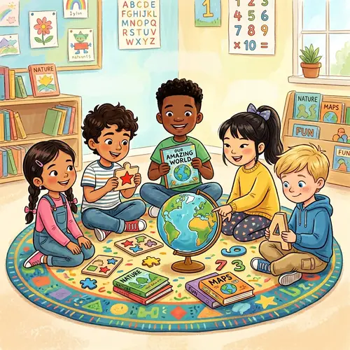 Diverse Children Learning Together with Books and Globe