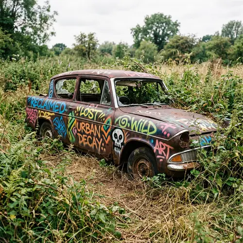 Urban Graffiti Art on Rusty Car in Overgrown Weeds
