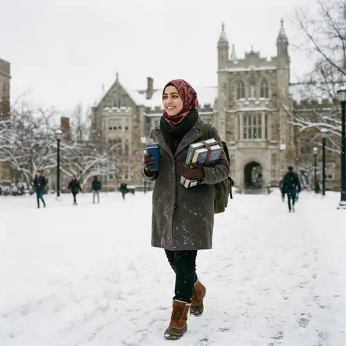 Middle-Eastern Female Student in Winter Clothing at University Campus