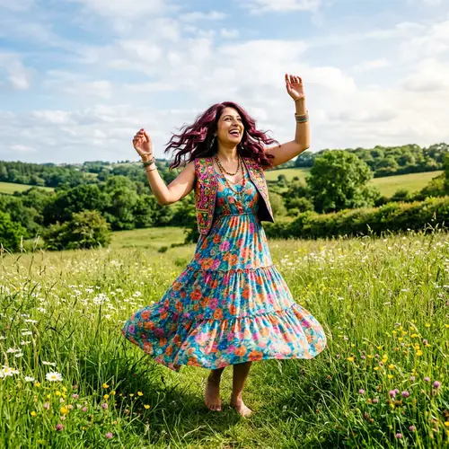 Empowering South Asian Woman Dancing Freely in a Field