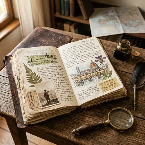 Vintage Travel Journal with Handwritten Notes and Keepsakes