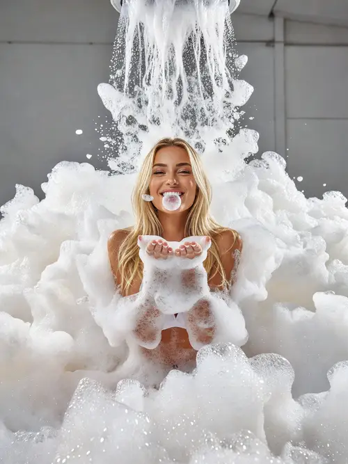 Fun Foam Party Photoshoot with Flirty Blonde Model