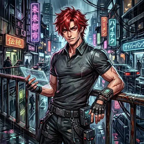 Dynamic Anime-Inspired Male Character in Red Hair and Polo Shirt