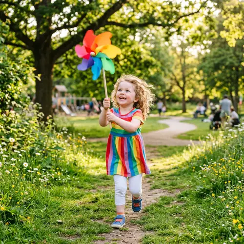 Adorable Child Character Playing with Pinwheel in Sunlit Park