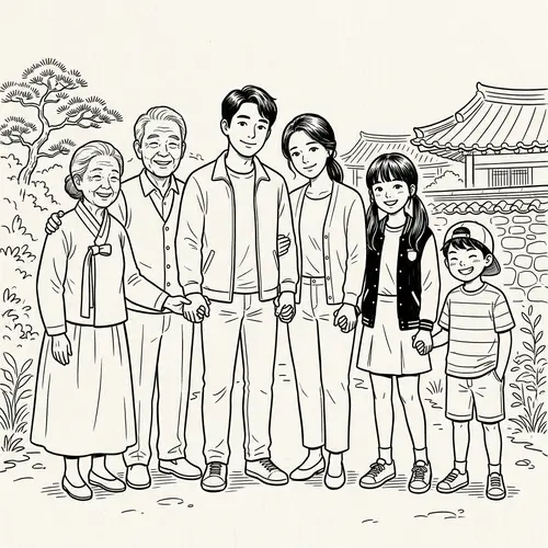 Korean Family Illustration: Togetherness in Black & White