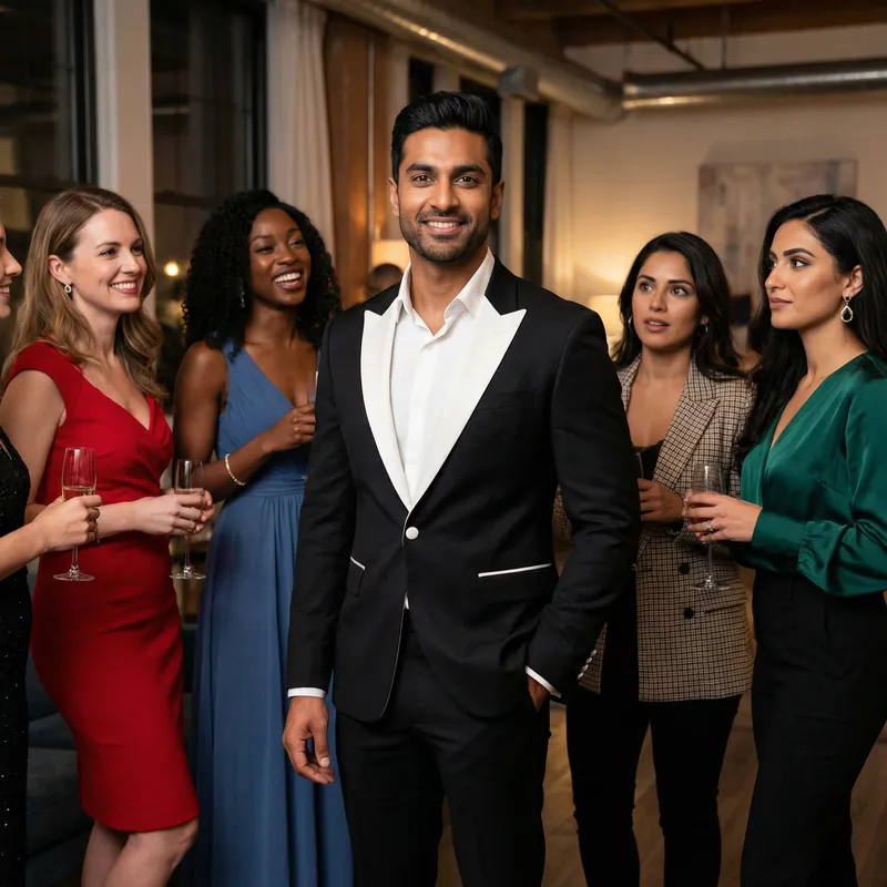 Charismatic Giga Chad Male in Sleek Black and White Suit Surrounded by Adoring Women