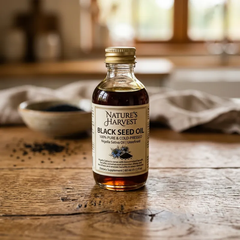 Black Seed Oil Bottle on Table | Premium Natural Oak Wood