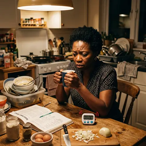 Stressed African Woman in Home Kitchen Scene