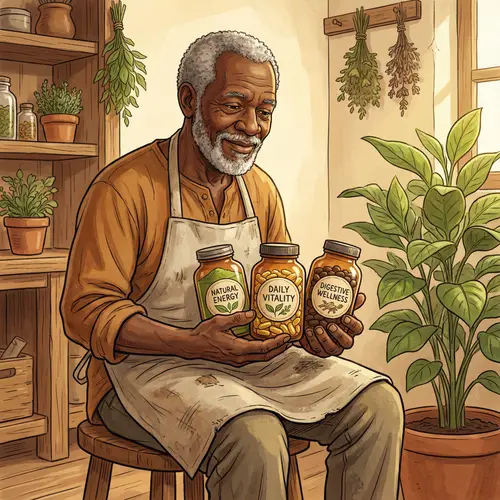 African Descent Elderly Herbalist with Herbal Supplements