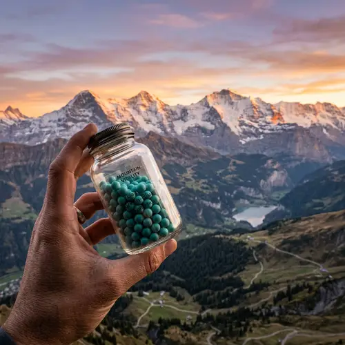 Greenish-Blue Supplement Pills in Transparent Glass Bottle | Mountain Range Background