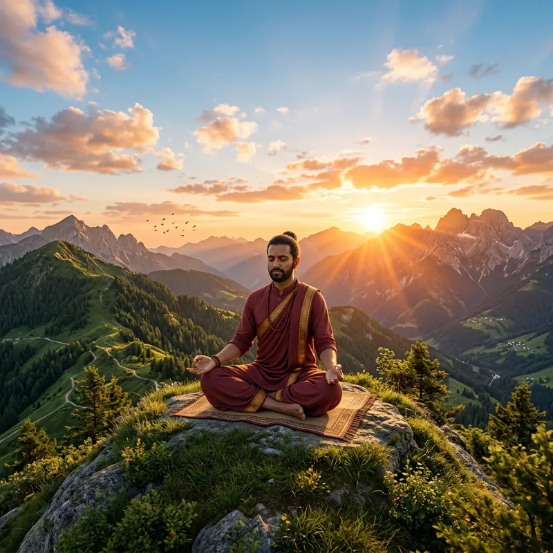 Ultra-High Resolution 3D Image of Man Meditating on Mountain Top
