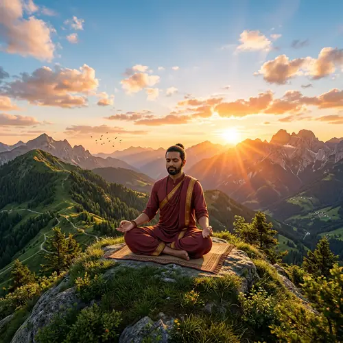 High-Resolution 3D Image of South Asian Male Meditating on Green Mountain