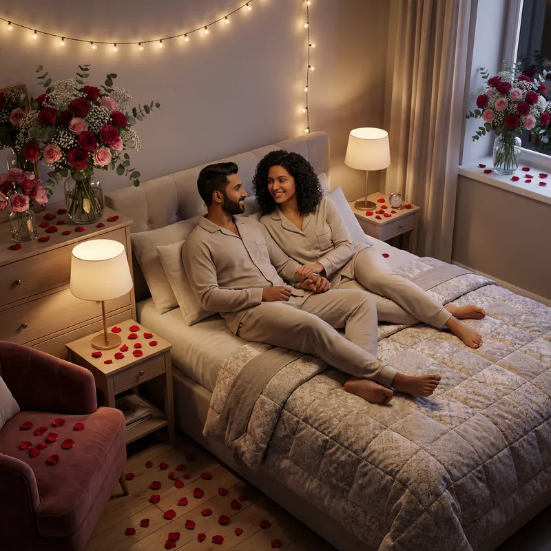 Romantic 3D Image: Man and Woman in Love Laying in Bed with Roses