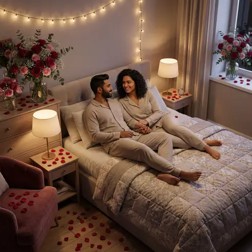 Romantic 3D Image: South Asian Man & Hispanic Woman in Love on Bed