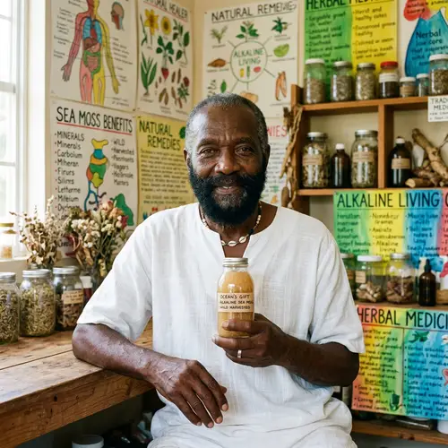 Elderly Caribbean Man with Sea Moss Bottle | Natural Healer Charts