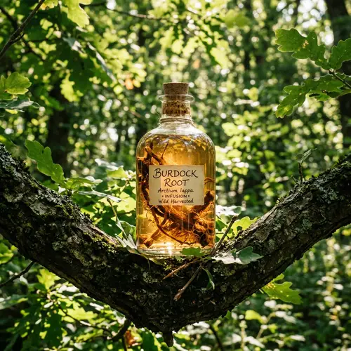 Transparent Glass Bottle with Burdock Root - Magical Depiction