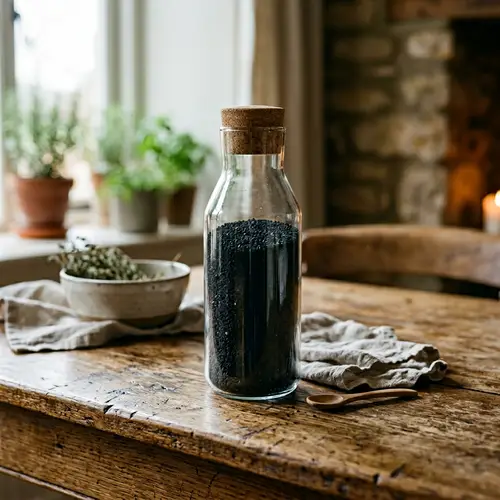 Glass Bottle with Black Seeds on Wooden Table