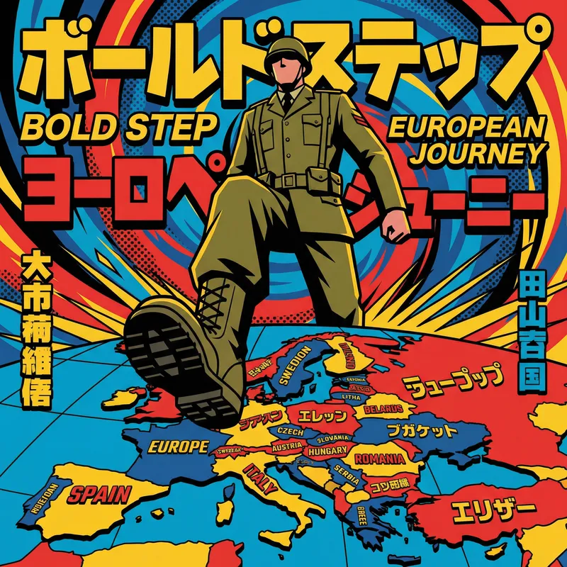 Soldier Over Europe Map - Vibrant 90s Japanese Poster Art