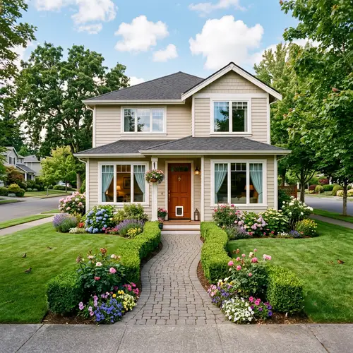 Tranquil Suburban Home with Lush Green Lawn and Blooming Flowers