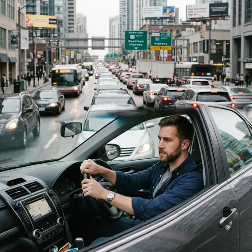 Man Driving Car on a Busy Road