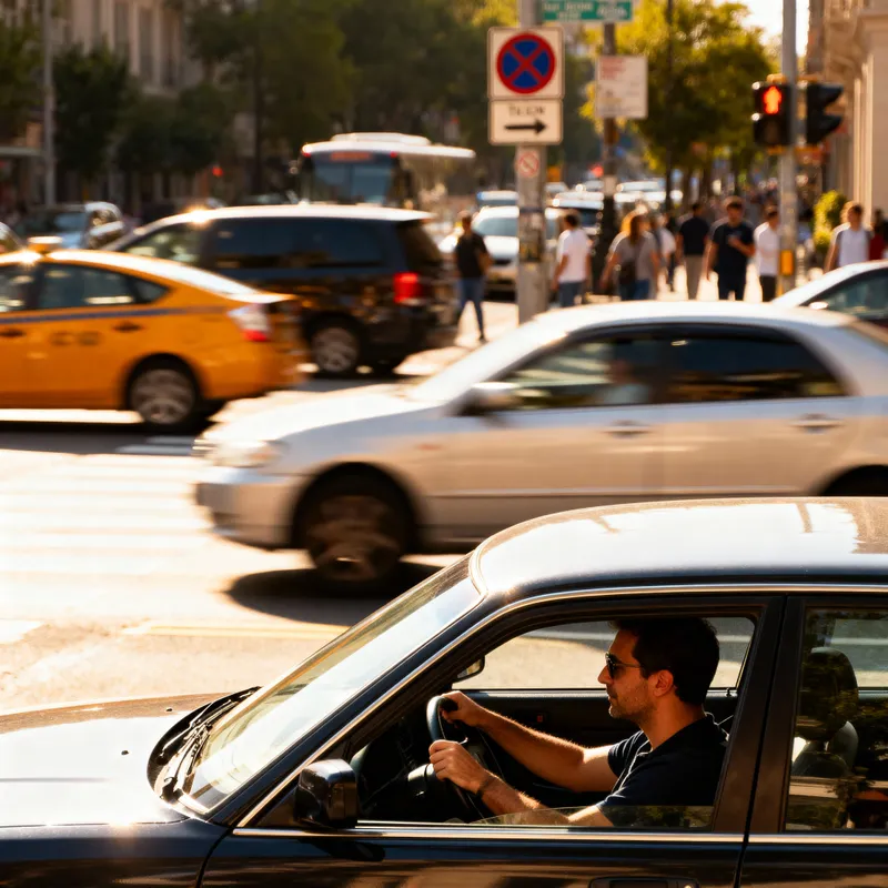 Man Driving Car on a Busy Road