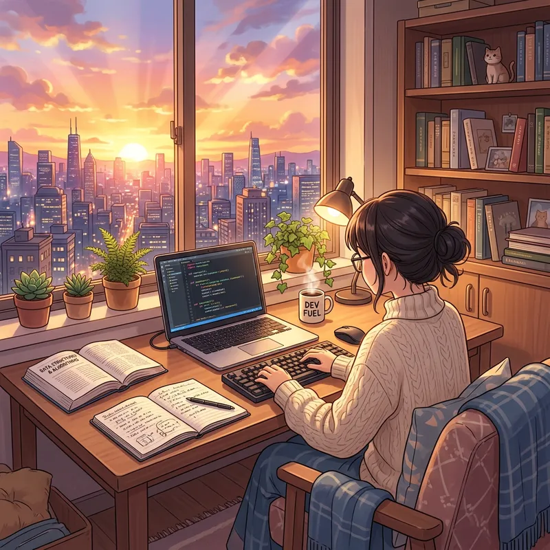 Cozy Anime Room with Sunset Cityscape