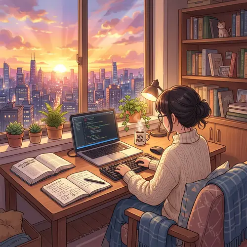 Cozy Anime Room with Sunset Cityscape