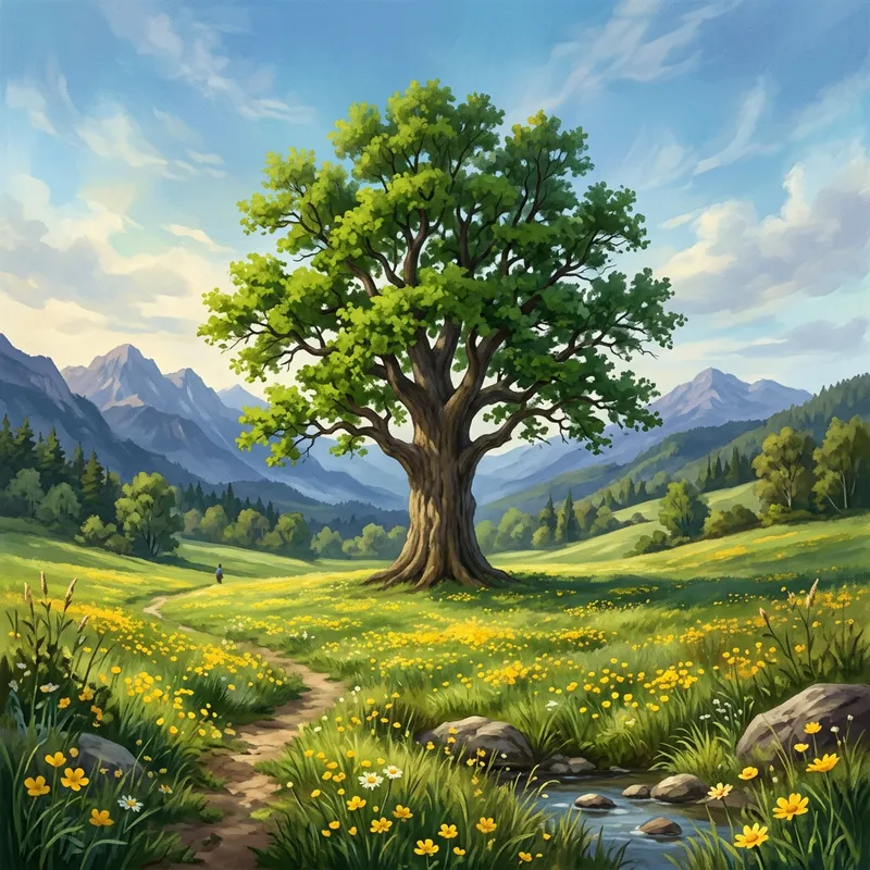 Serenity in Green and Blue: Majestic Tree Overlooking Yellow Flowers
