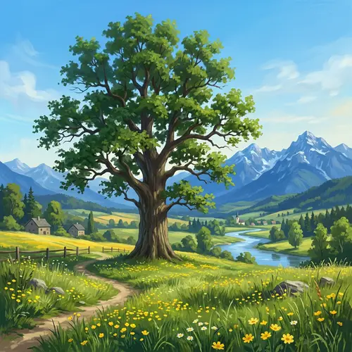 Tranquil Landscape Painting with Large Tree & Meadow