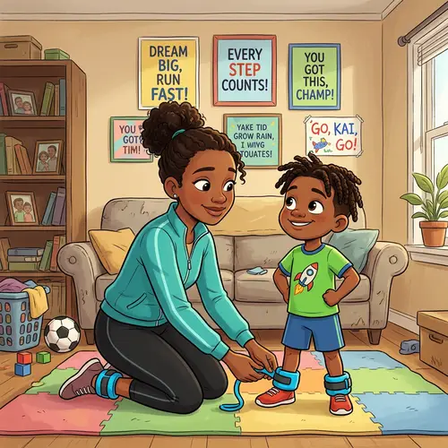 Cartoon Black Mother Supports Son with Ankle Weights