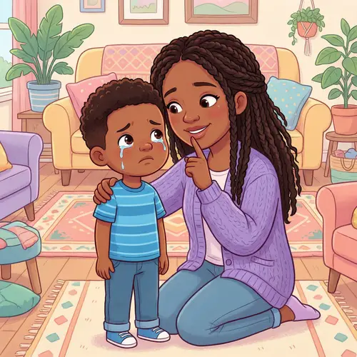 Heartwarming Cartoon Scene: Comforting Black Mother and Son