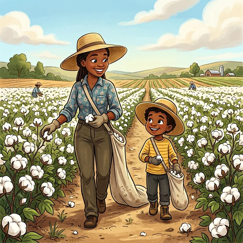 Heartwarming Cartoon Illustration of Young Black Mother and Son in Cotton Field