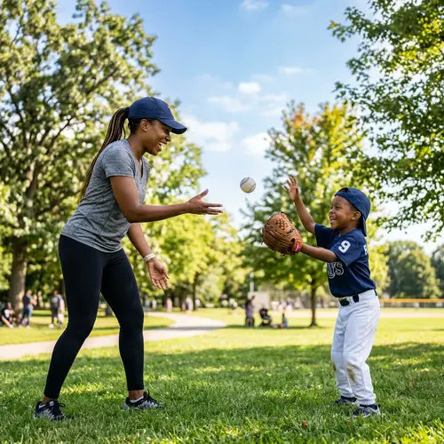 Young Black Mother Teaching Son Baseball Catching Fun