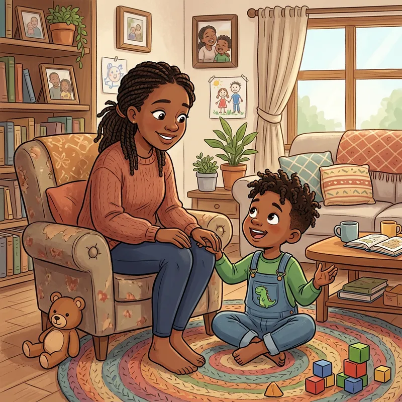 Heartwarming Cartoon: Young Black Mother & 5-Year-Old Son