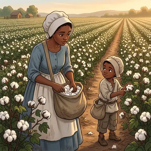Young Black Mother and Son Picking Cotton | Heartwarming Scene