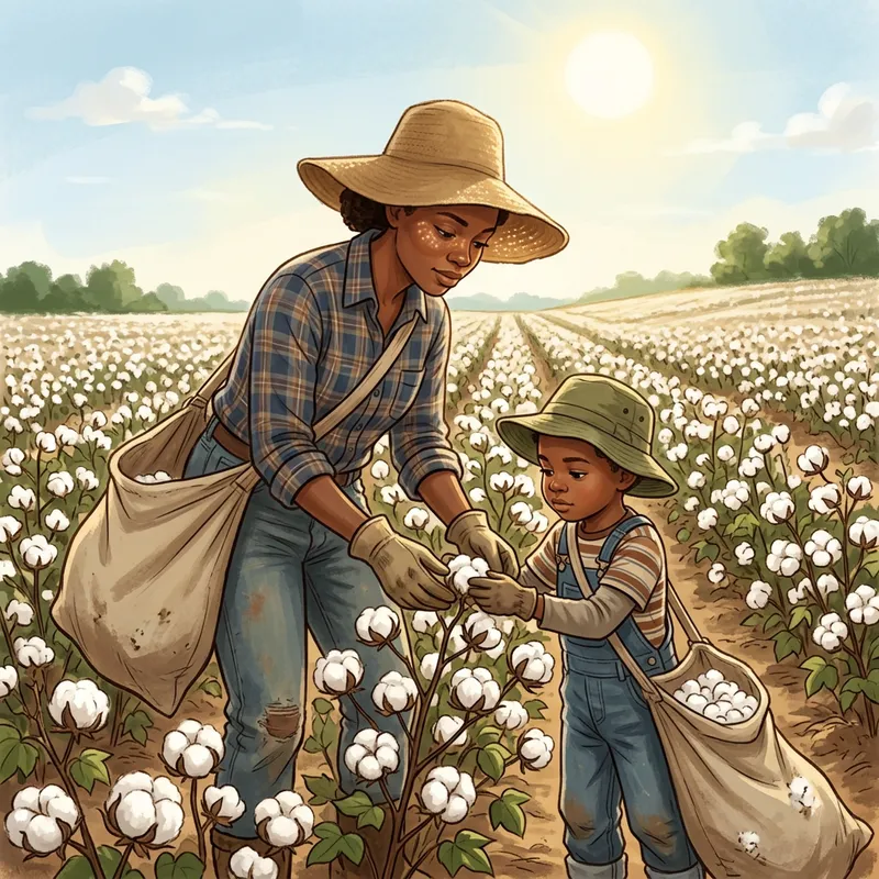 Young Black Mother & Son Picking Cotton Field | Heartfelt Scene