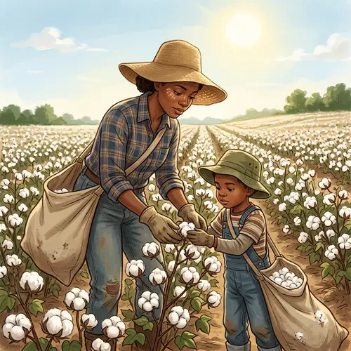 Young Black Mother & Son Picking Cotton Field | Empowering Image