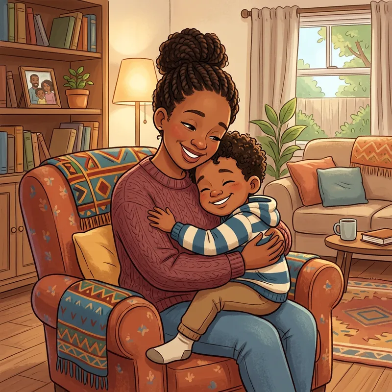 Cartoon Black Mother and Son Hugged - Heartwarming Scene