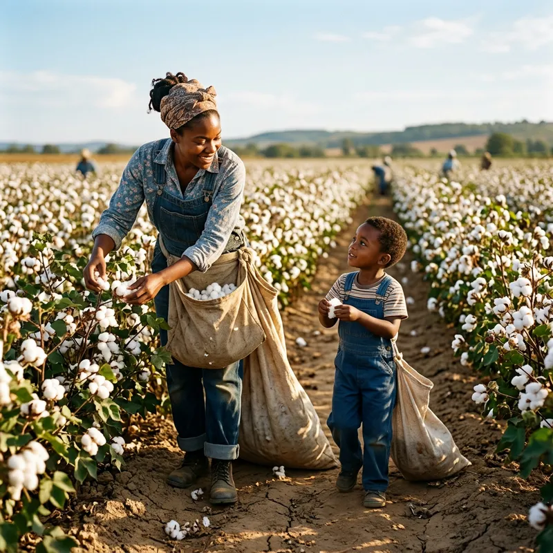 Diligent Young Black Mother and Son Picking Cotton in the Sun Diligent Young Black Mother and Son Picking Cotton in the Sun