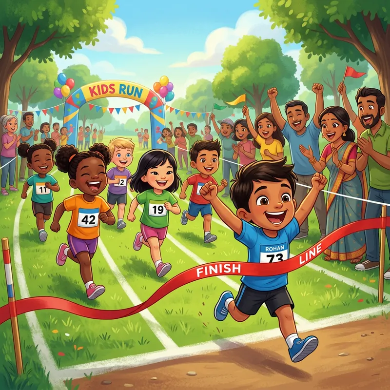 Animated Diverse Kids Foot Race: 5-Year-Old Breaks Tape First
