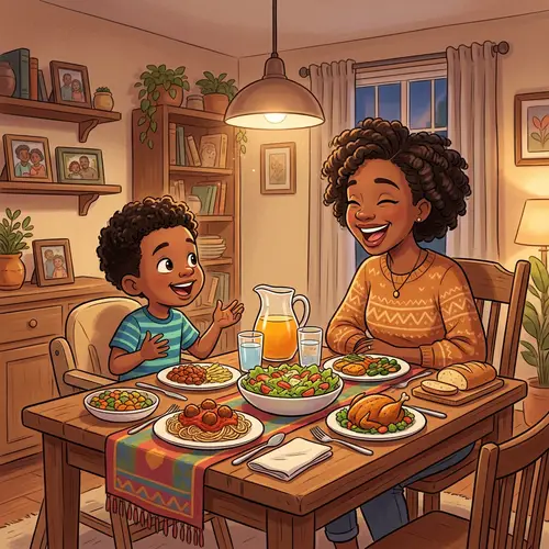 Heartwarming Cartoon: Young Black Mother Talking with 5-Year-Old Son