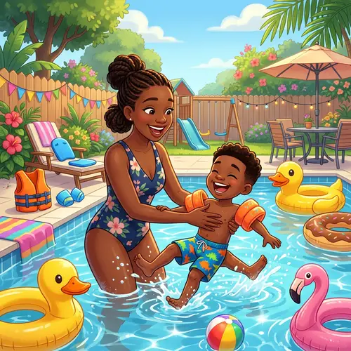 Young Black Mother Teaching 5-Year-Old Son to Swim